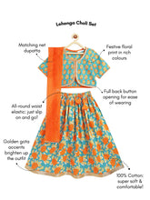 Load image into Gallery viewer, Campana Girls Diya Lehenga Set - Floral Print - Blue & Orange