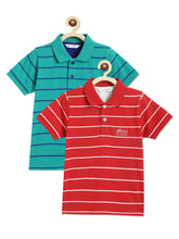 Load image into Gallery viewer, Campana Boys Pack of 2 Striped Cotton Polo T-Shirts - Red & Green