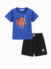 Load image into Gallery viewer, Campana Boys Daniel Half Sleeves T-Shirt with Shorts Clothing Set - Basketball Print - Purplish Blue & Black