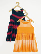 Load image into Gallery viewer, Campana Girls Pack of Two Cotton Jersey Striped Fit & Flare Dresses - Tuscan Yellow & Navy Blue