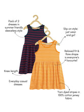 Load image into Gallery viewer, Campana Girls Pack of Two Cotton Jersey Striped Fit & Flare Dresses - Tuscan Yellow & Navy Blue