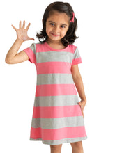 Load image into Gallery viewer, Campana Girls Vera A-Line Dress - Rugby Stripes - Rose Pink & Grey Melange