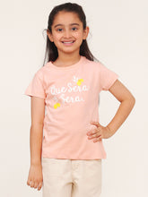 Load image into Gallery viewer, Campana Girls Zuri Half Sleeves Typography Printed T-Shirt - Peach