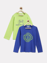 Load image into Gallery viewer, Campana Boys Daniel Pack of Two Full Sleeves Round Neck T-Shirts - Typography Print - Lime Green & Blue