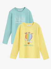 Load image into Gallery viewer, Campana Girls Skye Pack of 2 Full Sleeves T-shirts - Conversational Print - Lemon Yellow & Ocean Blue