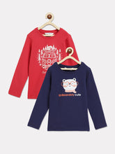 Load image into Gallery viewer, Campana Girls Skye Pack of 2 Full Sleeves T-shirts - Conversational Print - Navy Blue & Red