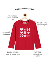 Load image into Gallery viewer, Campana Girls Pure Cotton Full Sleeves Bows & Hearts Print T-Shirt - Red