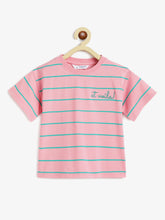 Load image into Gallery viewer, Campana Girls Alexis Half Sleeves Striped Drop Shoulder T-shirt with Embroidery - Pink & Green