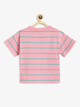 Load image into Gallery viewer, Campana Girls Alexis Half Sleeves Striped Drop Shoulder T-shirt with Embroidery - Pink & Green