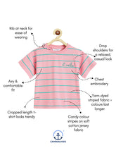 Load image into Gallery viewer, Campana Girls Alexis Half Sleeves Striped Drop Shoulder T-shirt with Embroidery - Pink & Green