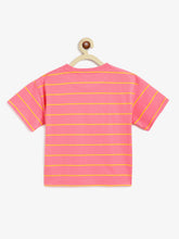 Load image into Gallery viewer, Campana Girls Alexis Half Sleeves Striped Drop Shoulder T-shirt with Embroidery - Pink & Yellow