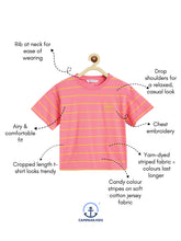 Load image into Gallery viewer, Campana Girls Alexis Half Sleeves Striped Drop Shoulder T-shirt with Embroidery - Pink & Yellow