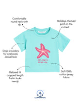 Load image into Gallery viewer, Campana Girls Zuri Drop Shoulder Half Sleeves T-shirts - Holidays Print - Turquoise