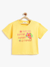 Load image into Gallery viewer, Campana Girls Pure Cotton Drop Shoulder Tropical Print T-Shirt - Lemon Yellow