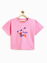 Load image into Gallery viewer, Campana Girls Pure Cotton Drop Shoulder Bonjour Print T-Shirt - Pink