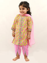 Load image into Gallery viewer, Campana Girls Kaveri Printed Cotton Kurta Dhoti & Dupatta Set - Yellow & Pink
