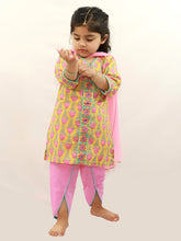 Load image into Gallery viewer, Campana Girls Kaveri Printed Cotton Kurta Dhoti & Dupatta Set - Yellow & Pink