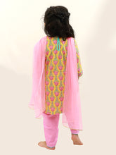 Load image into Gallery viewer, Campana Girls Kaveri Printed Cotton Kurta Dhoti & Dupatta Set - Yellow & Pink