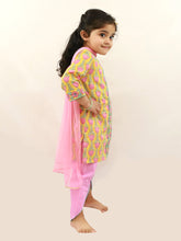 Load image into Gallery viewer, Campana Girls Kaveri Printed Cotton Kurta Dhoti & Dupatta Set - Yellow & Pink
