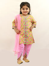 Load image into Gallery viewer, Campana Girls Kaveri Printed Cotton Kurta Dhoti & Dupatta Set - Yellow & Pink