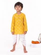 Load image into Gallery viewer, Campana Boys Bansi Dhoti Kurta Set - Tree Motif - Mustard and Off White