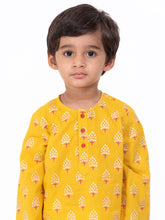 Load image into Gallery viewer, Campana Boys Bansi Dhoti Kurta Set - Tree Motif - Mustard and Off White