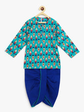 Load image into Gallery viewer, Campana Boys Bansi Dhoti Kurta Set - Flower Bud Print - Teal and Ink Blue