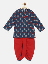 Load image into Gallery viewer, Boys Bansi Dhoti Kurta Set - Genda Phool Print - Navy & Red