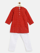 Load image into Gallery viewer, Campana Boys Mrinal Kurta Pyjama Set - Leaf Print - Red and White