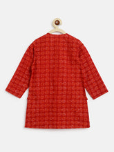 Load image into Gallery viewer, Campana Boys Mrinal Kurta Pyjama Set - Leaf Print - Red and White