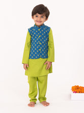 Load image into Gallery viewer, Campana Boys Nishant Kurta Set with Jacket - Geometric Print - Lime Green & Petrol Blue