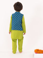 Load image into Gallery viewer, Campana Boys Nishant Kurta Set with Jacket - Geometric Print - Lime Green & Petrol Blue