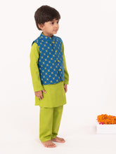 Load image into Gallery viewer, Campana Boys Nishant Kurta Set with Jacket - Geometric Print - Lime Green & Petrol Blue