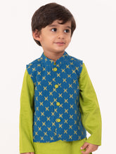 Load image into Gallery viewer, Campana Boys Nishant Kurta Set with Jacket - Geometric Print - Lime Green & Petrol Blue