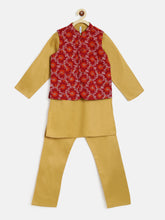 Load image into Gallery viewer, Campana Boys Nishant Kurta Set with Jacket - Jacquard Print - Maroon and Gold