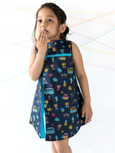 Load image into Gallery viewer, Campana Girls Jackie Front Pleat Dress - Campervan Print - Navy