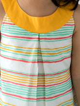 Load image into Gallery viewer, Campana Girls Joni Round Neck Shift Dress - Beach Stripes - Mint & Mustard, Yellow Dress, Summer Dress, White Dress