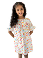 Load image into Gallery viewer, Campana Girls Ashley Frilly Sleeve Dress - Mini Flower Print - White & Multicolour, White Dress, Printed dress, frock, summer dress, white dress