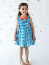 Load image into Gallery viewer, Campana Girls Debbie Shift Dress - Flower Power Print - Blue & White, Summer Dress, Blue Dress, Print Dress, frock
