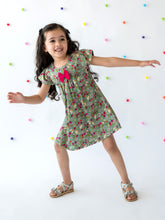 Load image into Gallery viewer, Campana Girls Suzy Dress with Bow - Cherry Bunch Print - Grey & Red