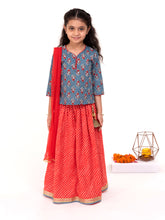Load image into Gallery viewer, Campana Girls Koel Lehenga Set - Floral Block Print - Grey and Red