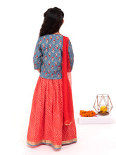 Load image into Gallery viewer, Campana Girls Koel Lehenga Set - Floral Block Print - Grey and Red