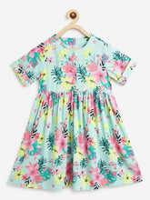 Load image into Gallery viewer, Campana Girls Zoe Dress - Happy Hibiscus Print - Sea Green & Pink