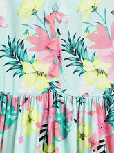 Load image into Gallery viewer, Campana Girls Zoe Dress - Happy Hibiscus Print - Sea Green & Pink