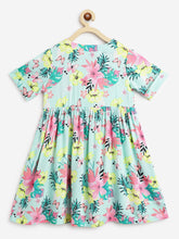 Load image into Gallery viewer, Campana Girls Zoe Dress - Happy Hibiscus Print - Sea Green & Pink