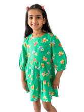 Load image into Gallery viewer, Campana Girls Calypso Tiered Dress - Floral Bloom Print - Green & Multicolour, Green Dress, Flower Print Dress, Frock, Summer Dress