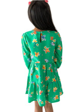 Load image into Gallery viewer, Campana Girls Calypso Tiered Dress - Floral Bloom Print - Green & Multicolour, Green Dress, Flower Print Dress, Frock, Summer Dress