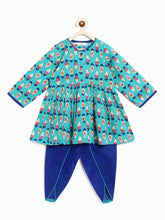 Load image into Gallery viewer, Campana Girls Asmi Dhoti Set - Flower Bud Print - Teal & Ink Blue