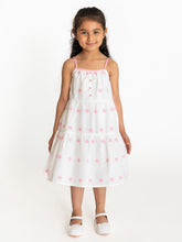 Load image into Gallery viewer, Campana Girls Myra Midi Length Floral Embroidered Pure Cotton Dress - White & Pink