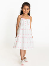 Load image into Gallery viewer, Campana Girls Myra Midi Length Floral Embroidered Pure Cotton Dress - White & Pink